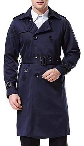 AOWOFS herr dubbelknäppt trenchcoat med bälte revers lång kappa affärsjacka vår övergångsjacka, marinblå, XL