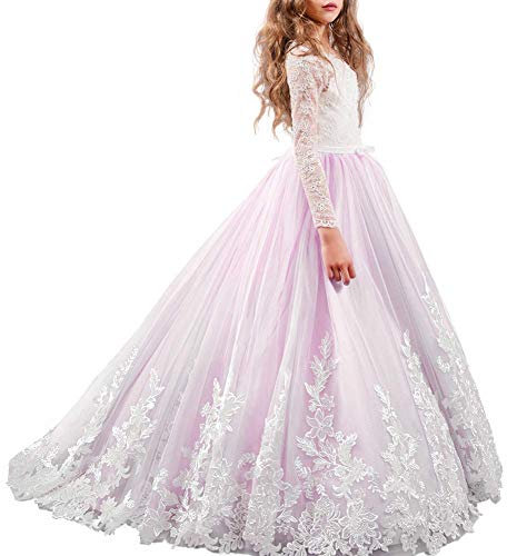 Odizli Robe de fille à fleurs à manches longues en dentelle princesse robe de première communion mariage robe de mariée anniversaire robe de bal longue robe de soirée, Rose, 6-7 ans