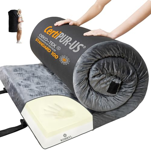 WDBBYL CertiPUR-US Camping Mattress,Roll Up Sleeping Pad Twin Size 75”x38”x3”Memory Foam,Floor Mat Guest Bed Topper,Waterproof Soft Cover & Carry Bag