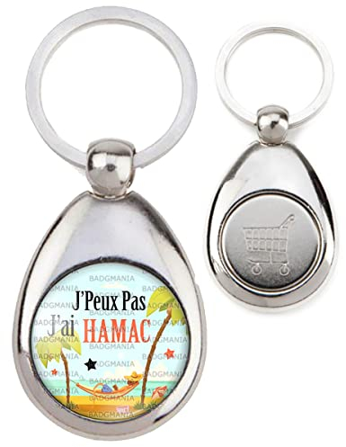 Badgmania Porte Clés Métal Goutte Jeton de Caddie J'Peux Pas J'ai Hamac - Vacances Palmiers - Humour Excuse Alibi Idée Cadeau