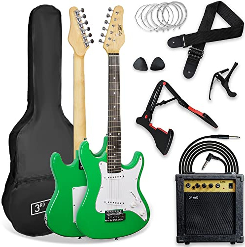 3rd Avenue XF 3/4 Size Electric Guitar Ultimate Kit with 10W Amp, Cable, Stand, Gig Bag, Strap, Spare Strings, Picks, Capo – Green