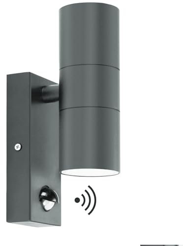 Kerry Outdoor Wall Lights, Up and Down Lamp with Motion Sensor, IP44 Anthracite Grey Stainless Steel Outside Lighting Mains Powered Fixtures, PIR Detector Exterior Sconce