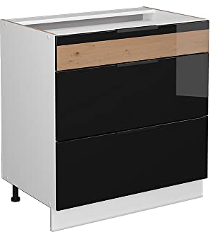 Vicco Küchenunterschrank Fame-Line, Schwarz-Eiche Hochglanz/Weiß, 80 cm mit 3 Schubladen, ohne Arbeitsplatte
