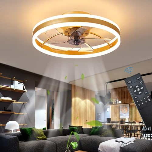 Reversibile Ventilatore da Soffitto con Luce e Telecomando Silenzioso 6 Velocita Camera LED Lampada Ventilatore Soffitto Soggiorno Moderno 24W Dimmerabile Plafoniera con Timer, Oro 50CM