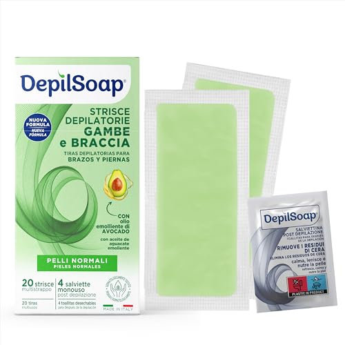 Depilsoap® – Strisce Depilatorie Corpo Per Pelli Normali – 20 Strisce Depilatorie Braccia E Gambe E 4 Salviettine Post-Depilazione – Nuova Formula Arricchita Con Olio Di Avocado E Olio Di Jojoba
