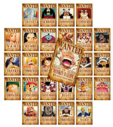 Generisch 25 Stück Anime Strohhut Piraten Wanted Posters 11,2 x 7,8 Zoll Wandcollage-Sets Luffy Gear 5 für Raumdekoration für Jungen und Teenager
