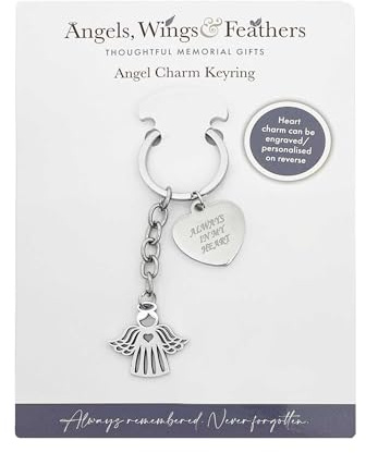 Angel Charm Memorial Nyckelring | Always in My Heart Nyckelring | Förälskelsegåva | Rostfritt stål nyckelring sympati minne minne, SILVER