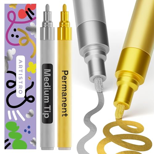 Artistro Pennarelli Permanenti Oro e Argento 2 Pezzi – Pennarelli Impermeabili per Gomma, Tessuto, Pietra, Vetro, Ceramica, Legno, Carta – Penne a Vernice a Olio – Punta Media 3 mm