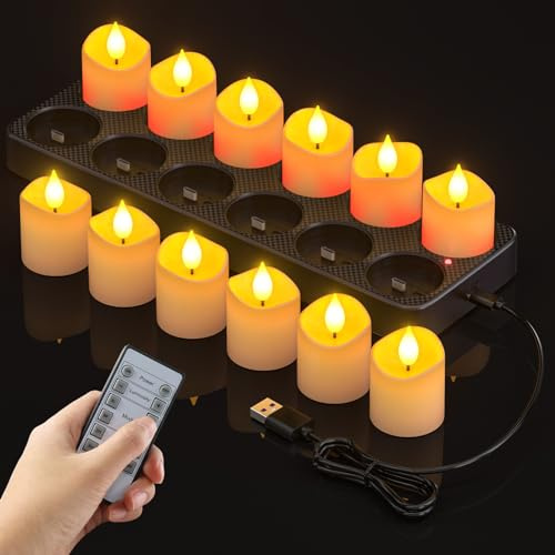 Ymenow Rechargeable Tea Lights with Charging Station, 12pcs Battery Electric Flameless LED Tealights Candles Flickering with Remote Control and Timer for Home Table Dinner Wedding Christmas Decor