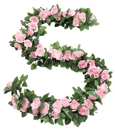 Artificial Rose Vine 2pcs 14.8ft Pink Roses Garland with Green Leaves Fake Rose Floral Arch Long Realistic Hanging Faux Flower Garland for Room Anniversary Wedding Birthday Mothers Day Christmas Decor