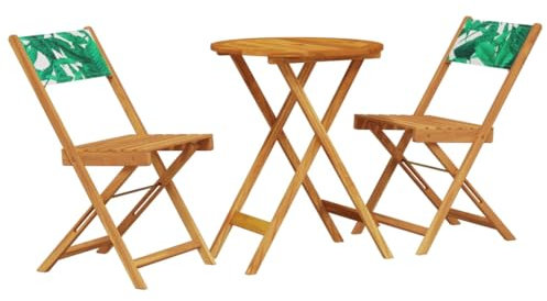 vidaXL Ensemble de Bistro 3 pcs Motif de Feuilles Tissu et Bois Massif, Ensemble de Bistro de Jardin, Ensemble de Balcon, Ensemble de Meubles d'extérieur