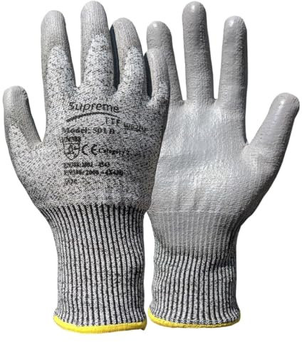 TOKHA SAFETY 12 Pairs Cut Protect Level 5/D Work Gloves HPPE Yarn knitted Liner PU Coated Palm Light-Weight Comfort Assembling DYI (Large (Size 9))