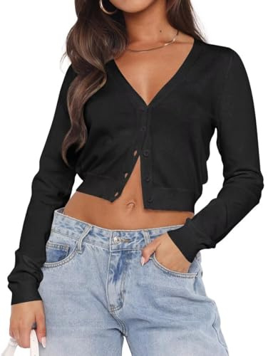 LACOZY Women's Long Sleeve Cardigans Open Front Knit Cropped Sweaters Lightweight V Neck Button Down Jacket Tops