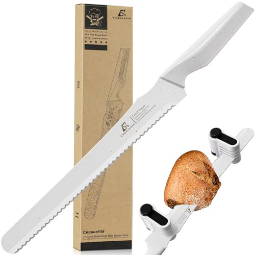 CoquusAid Resharpenable Bread Knife for Homemade Bread, 11.6-Inch Multifunction Serrated Knife with 5 Thickness Adjustable Slicing Guide, Stainless Steel Bread Cutter, Razor Sharp for Sourdough, White