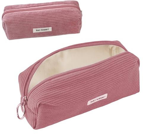 huoflame Federmäppchen Cord-Stoff – Großes Retro Mäppchen für Schule Büro Teenager Damen – Kosmetiktasche & Stiftetasche mit Reißverschluss, Rosa & Schwarz, Cord Mäppchen Geschenkidee (Rosa)