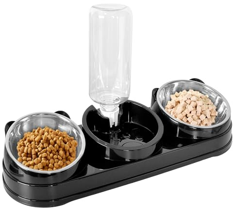 Eclove 3 in 1 Doppio Gatto Ciotola,Ciotola Inclinata A 15° per Gatti E Cani di Piccola Taglia, Doppia Ciotola per Gatti in Acciaio Inox con Abbeveratoio per Animali (Nero)