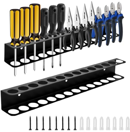 WEFHEF 2 Pcs Porte Outils Mural en Acier au Carbone, Support Tournevis 14 Trous, Rangement Tournevis 40x4.5x4 cm, Support Mural pour Outils de Bricolage à Visser, pour Maisons Ateliers Hangars, Noir