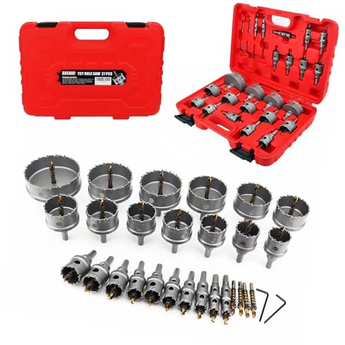 27 stück Hartmetall-Lochsägen-Set mit Titan-Piloten und L-Wrench, TCT lochsäge metall set Schnittdurchmesser von 16mm‚bis 100mm,für Stahl Eisen Aluminum Metall Hole Saw