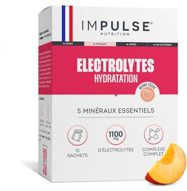Impulse Nutrition - Électrolytes Poudre Pêche - Sodium, Potassium, Magnésium, Calcium, Zinc - Hydratation, Énergie et Endurance - Anti-Crampes - Sans Édulcorants - Sport - 15 sachets