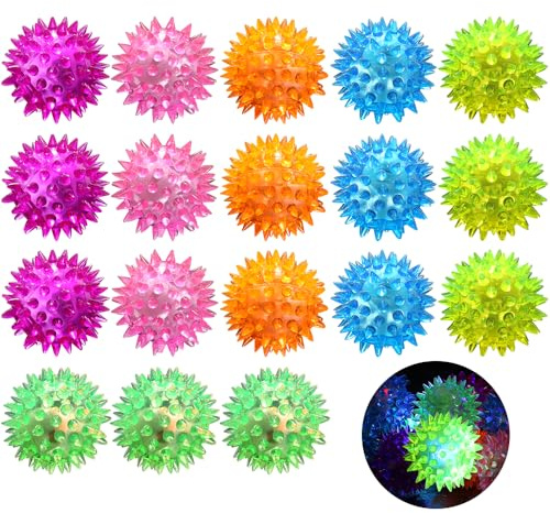 LED Light Up Bouncy Spiky Ball Flashing Squeaker Fidget Sensory Squeezy Antistress Toy, 18 Pcs 6 Color Blinking Squishy Stress Relief Massage Squeeze Balls for Adults Pets Play Or ADHD ADD Autism