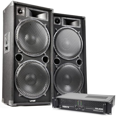 MAX215 Dual 15 Passive DJ PA Speaker System with 3000W Amplifier and Cables – Powerful 2-Speaker Kit, 15 Dual Woofers, Complete Passive DJ Speakers Set for Events, Parties, Clubs, PA Use