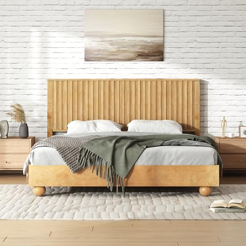 Merax Queen Size Bed Frame with Reeded Headboard, Natural Wood Platform Bed Frame with Sturdy Wooden Support Slats, No Box Spring Needed, Holds up to 800 Pounds, Noise-Free, Easy Assembly