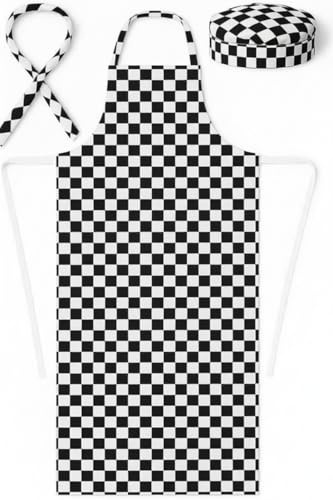 BALSAT | Conjunto Profesional de Cocina, Delantal, Gorro y Pañuelo de Cuadros Negro y Blanco, Talla Única, Estilo Clásico