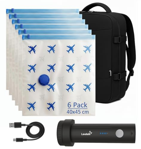 Lavatelli - Rymdbesparande reseset, USB-C trådlös vakuumpump + 6 resepåsar 40 x 45 cm för Ryanair ryggsäck, 40 x 30 x 20, handbagageset, kabinväska, kompakt och kraftfull