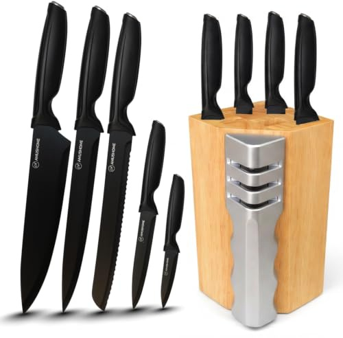 AMUSHOME Knife Set,5 Piece Kitchen Knife Set-Kitchen Knives with Block, | Ergonomic Handle, Stainless Steel Knivese with Chef, Bread Knife,for Cutting Meat/Vegetables/Fruit.