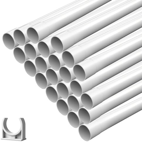 Tubo de instalación M20 con manguito de 24 m, tubos VPE con 50 abrazaderas de sujeción, tubo para cables rígido de PVC, tubo con manguito, tubo para cables blanco (M20-24 m)