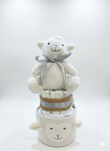 Tarta Pañales para Bebé Recien Nacido con Cesta Regalo con Peluche Ovejita y Manta con Dedicatoria Canastilla Bebe Original Sensitive Unisex Detalle Nacimiento Baby Shower (2 Pisos 25 Pañales Talla 2)