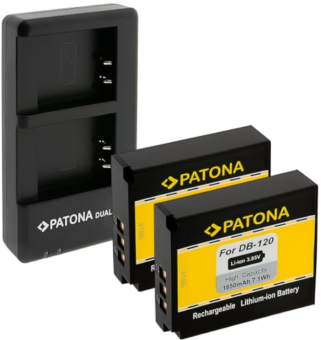 PATONA 2X batteri för Ricoh DB-120 GR IV 1850mAh med USB-C-laddare | Set med två laddningsbara batterier och dubbel USB-C-laddare för Ricoh GR IV kompaktkamera