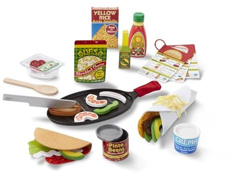 Melissa & Doug Fill & Fold Taco & Tortilla Set, 43 Pezzi – Cibo da Gioco Messicano in Legno affettabile, Padella e Altro – Certificato FSC, Set di Cibo da Gioco Taco, Giocattolo da Cucina per Bambini