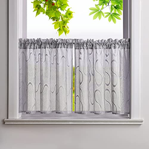 HeichkelL Scheibengardinen Set 2 teilig Kurzstores Gardinen Küche Bistrogardine Landhausstil Transparent Halbgardine Leinenoptik Grau BxH 115x90 cm