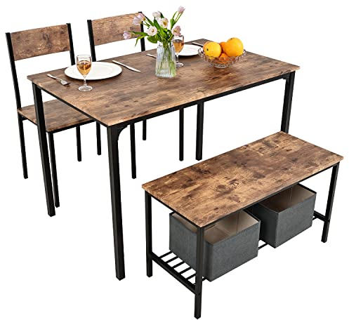 PULUOMIS Dining Table and 2 Chairs with Bench, Dining Table and Chairs Set 4 Piece Dining Room Set, Chair and Bench Set for Restaurant Kitchen Home Bistro Garden, Brown