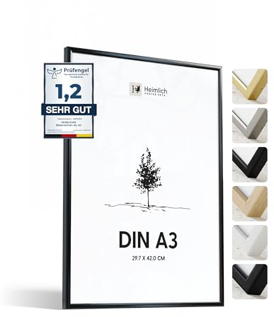 Heimlich® - Picture Frame - Black, A3, Aluminium - 16.5x11.7 Inch Metal Frame - Fits 42x29.7 cm Photo - with Shatterproof PS Plastic Sheet