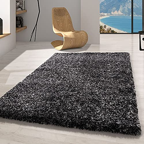 Carpetsale24 Hochflor Teppich 140x200 cm Anthrazit – Shaggy Teppich, Flauschig, Meliert & Pflegeleicht, Jute-Rücken – Wohn- & Schlafzimmer geeignet