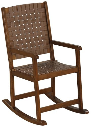 KOMFOTTEU Schaukelstuhl aus Holz & PU, Relaxstuhl Gartenstuhl mit geflochtene Rücklehne & Armlehne, Liegestuhl Schaukelsessel max 175kg belastbar, Terrassenstuhl für Wohnzimmer Balkon, Braun