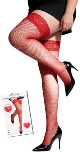 ohyeahlady Plus Size Dam Mesh Lår Spets Strumpbyxor Mönster för Strumpeband Halkfria Silikon Hållare Mesh Lager Fishnet Kurviga Underkläder Extra Komfort, Röd, 3XL-5XL