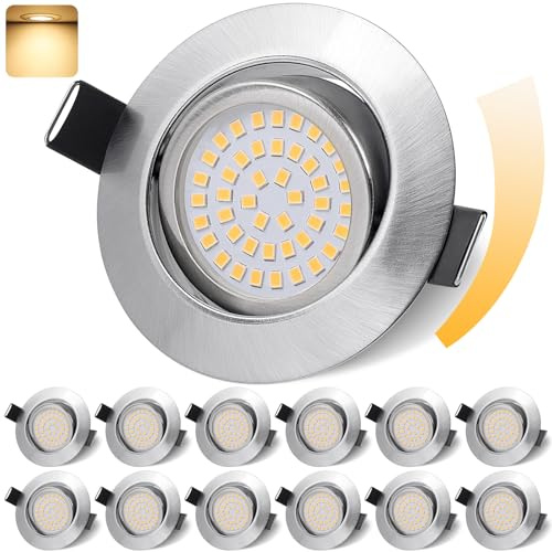 GeyouLux LED Einbaustrahler 230V Dimmbar 68mm 6W IP44 LED Spots 45° Schwenkbar 3000K Warmweiß Deckenspots für Badezimmer Küche Wohnzimmer Einbauspots Flach Einbauleuchten Nickel 12er set