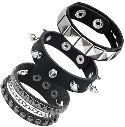 ZYEKIU 3 Pezzi Nero Punk Rock Bracciale, Goth Braccialetti in Pelle, 80 Anni Goth Bracciale Borchie, Regolabile Rivetti Polsino Gothic Retro, per Concerti e Uomo Donna Feste Cosplay