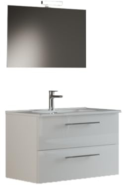 Mama Store IRIS 100 - Mobile Bagno Sospeso IN KIT DA MONTARE 100 CM BIANCO LUCIDO LACCATO con Lavabo, Specchio e Lampada LED, L.101 X P.47 X H.53 cm