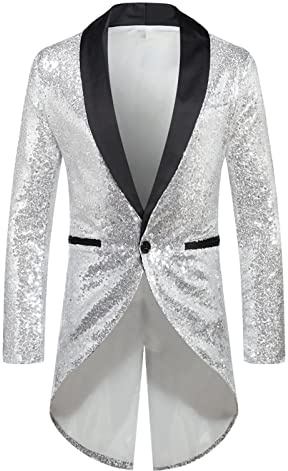 Herren Frack Pailletten, Gothic Jacke Herren Midi, Schwarz Glitzer Mantel mit Knöpft Elegant Tuxedo Mittelalter Steampunk Gehrock Viktorianische Hof Kleidung Nightclub Party Halloween Kostüm