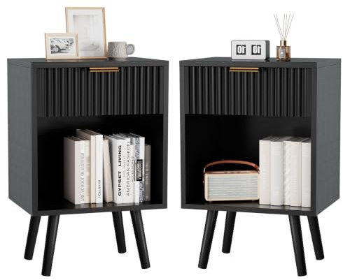 YMYNY Sängbord, set med 2, sidobord, låda med vågig dekor, gyllene handtag, öppet fack, massiva träben, för sovrum, vardagsrum, modern svart HST013B-2