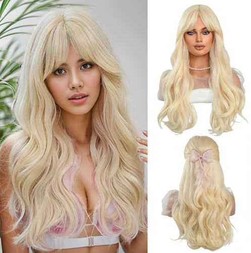 MLPKOI Parrucche Lunghe Bionde Per Le Donne, Parrucca Colore Biondo Estremamente Lunga, Lungo Ondulato Capelli Parrucca Resistente, Lungo Ricci Donna Ricci Parrucche, Per Uso Quotidiano Cosplay Party