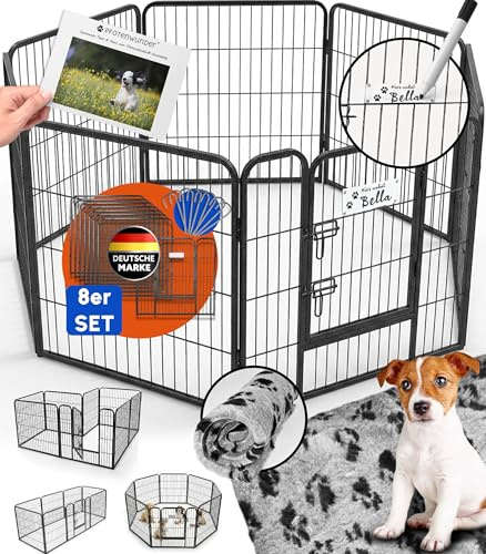 PFOTENWUNDER® Welpenauslauf 8/12-teilig, 80cm hoch, 2x2m + 1 Hundebett, 1 Trainingsbuch | Welpenlaufstall, Hunde-Laufstall faltbar für die Wohnung + Tür, Welpengehege Tierlaufstall Indoor Outdoor