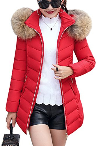 YMING Femme Duvet Manteau Parka à Capuche Fourrure Mi-Longue Manteaux Doudoune Duvet Hiver Chaud Rouge XXS