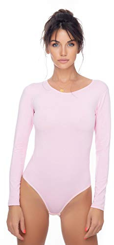 Evoni Body de manga larga para mujer, body opaco con cuello redondo para mujer, body de manga larga en diferentes colores, body shaper de algodón, mono, Rosa bebé., XXL