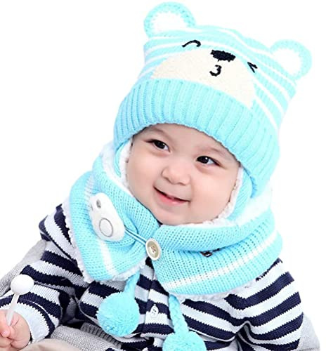 NLAND Chapeau Echarpe Enfant Hiver Bébé Bonnet Tricoté Chaud Chapeaux pour Filles Garçons 6-24 Mois(Bleu,Taille Unique)