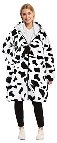 Catalonia Cow Print Zip Up Blanket Hoodie Sweatshirt, Oversized Sherpa Pullover Jacket Coat for Men Women, Comfortable Gift for Her